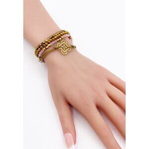 Hipanema Rose Quartz Gold Beads Medallion Multi Strand Bracelet Magnetic Clasp